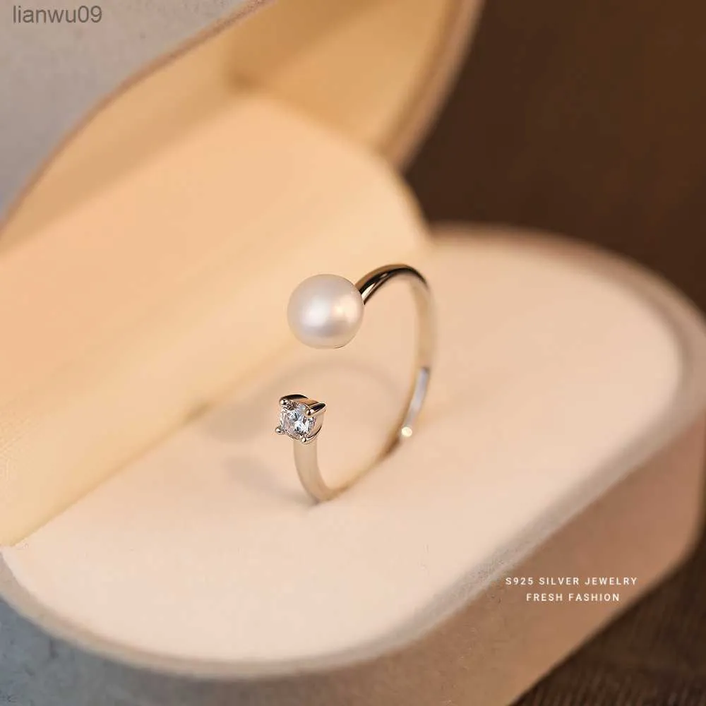 925 Sterling Silber Natürliche Perle Funkelnden Zirkon Geometrische Ring Für Frauen Exquisite Temperament Hochzeit Schmuck Zubehör L230704