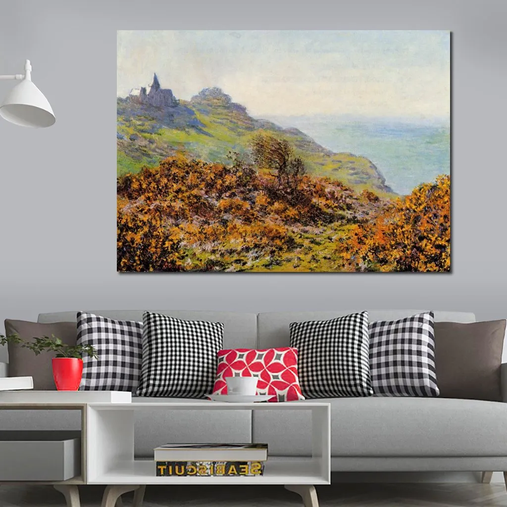 Canvas Art Claude Monet Painting Church at Varengeville and The Gorge of Les Moutiers Handmade Artwork Decor for Wine Cellar