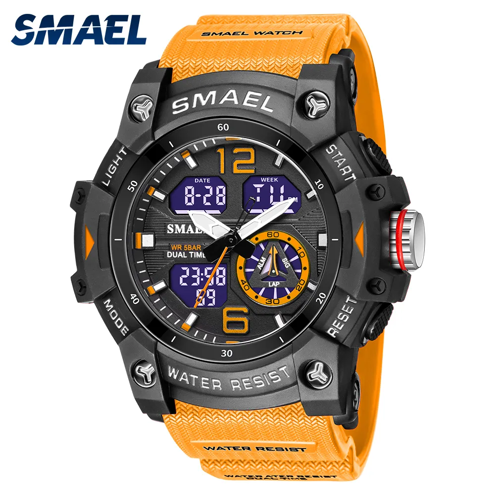 Smael Sport Watch Men Alarm armograph Clock Spectwatch Hed Date-Day Dual Tocke Tocke Водонепроницаемые 5BAR военные часы 8007