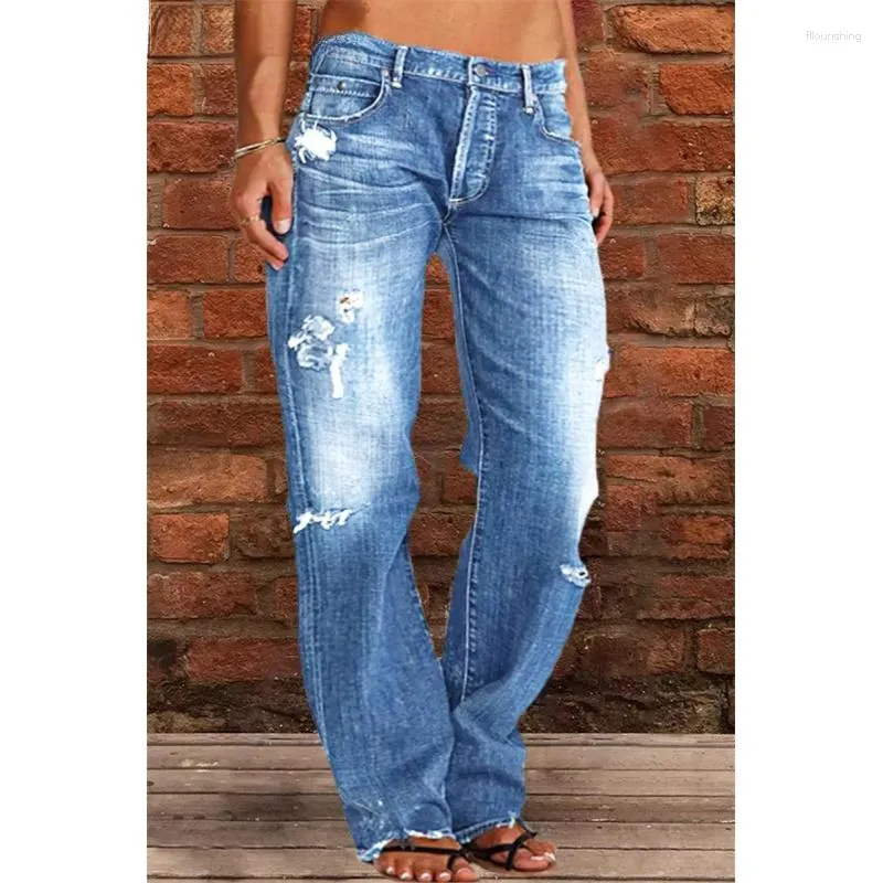 Women's Jeans Fashion Stretch Mid-Waist Straight Women Casual Stitching Denim Pants Washable Broken Holes