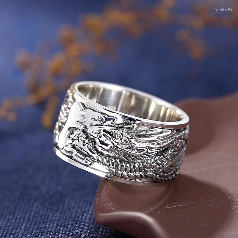 Bagues de grappe bague en argent faite à la main rétro personnalité tendance dominante temps Dragon chanceux bijoux rotatifs pour hommes