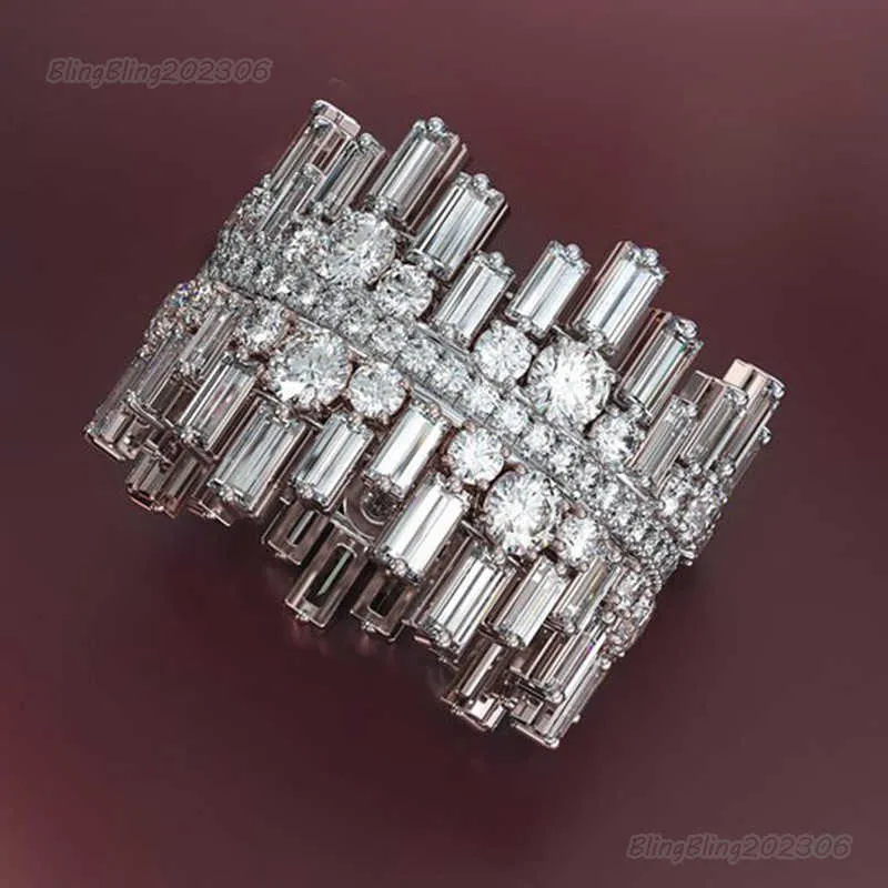 Bling Bling Vvs Moissanite Anel de Casamento Banda 100% 925 Sterling Ring Designer Estilo Novo Popular Irregular Micro Incrustado Anel Jóias Femininas de Luxo Anel Anéis de Prata