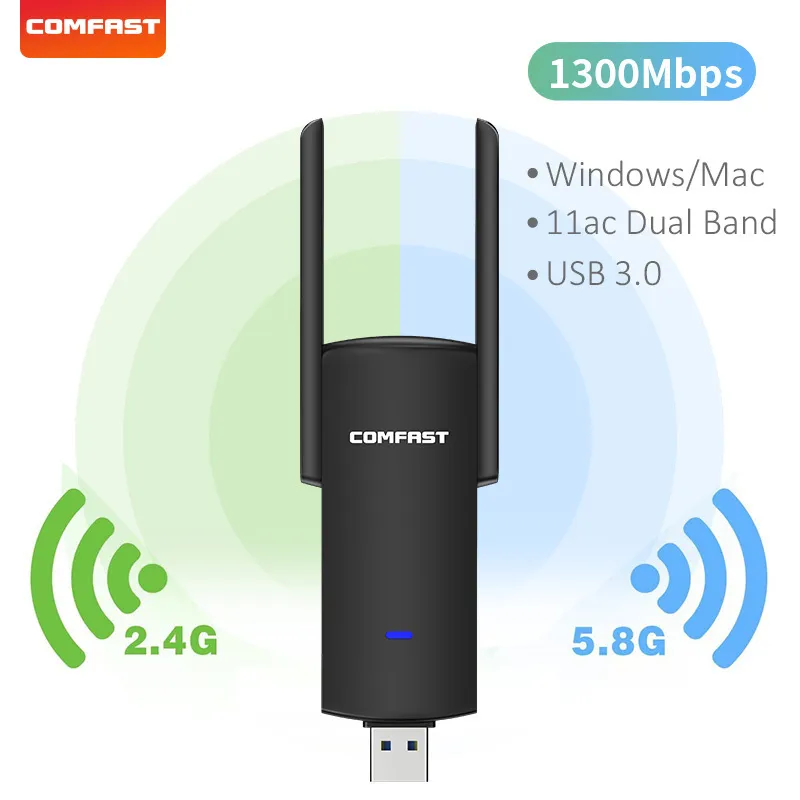 Adattatori di rete Adattatore WiFi USB 1300Mbps RTL8812BU Dual Band per PC Dongle Wi-Fi Ethernet nero Antenna esterna Ricevitore Wi-Fi Scheda di rete 230713
