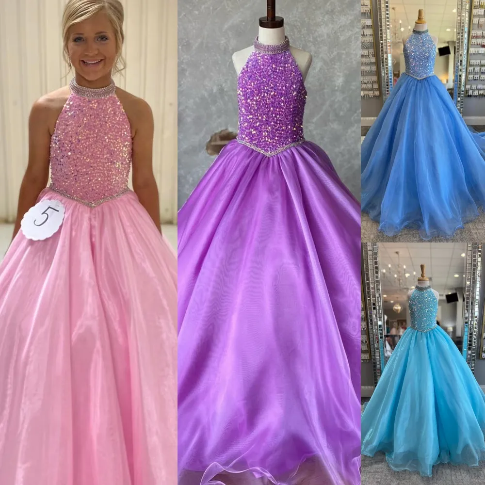 Orchid Girl Pageant Dress 2024 Crystal Rands paljett sammet Little Kid Birthday Formal Party Gown Spädbarn Toddler Teens Preteen Tiny Young Junior Miss Candy Aqua Blue