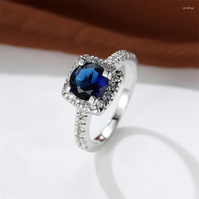 Wedding Rings Round Royal Blue Green Stone Square For Women Silver Color Metal Vintage Zircon Bands Female Engagement Jewelry CZ