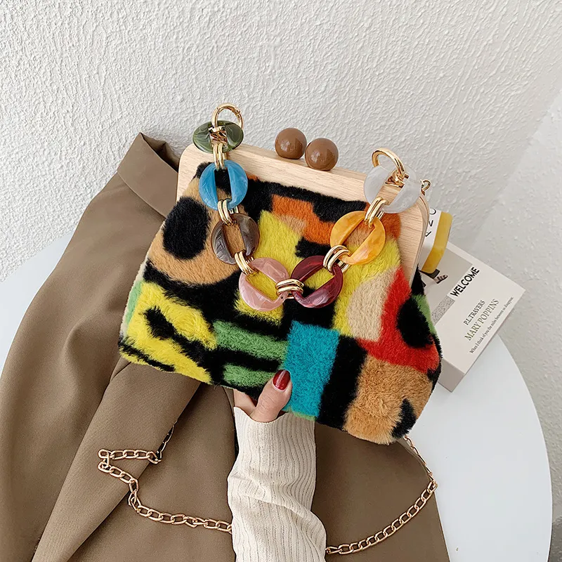 Sac en peluche chaîne acrylique coloré sacs de messager d'ouverture en bois sacs à main de créateur sacs à main et sacs à main de mode