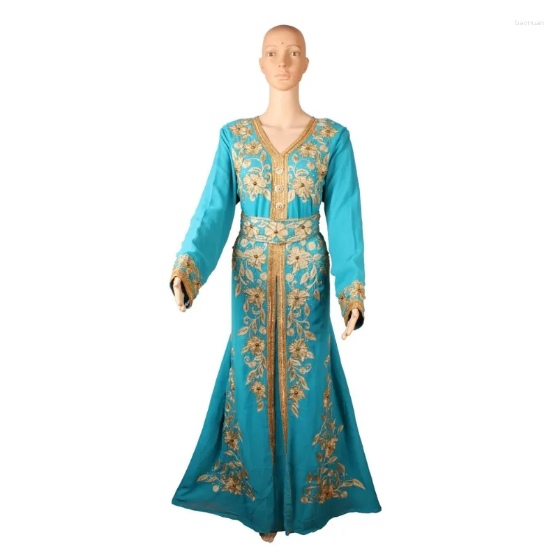 Etnische Kleding Kaftan Turquoise Dubai Robe Lange mouw V-hals Mode Borduurwerk Marokkaanse Kurtas