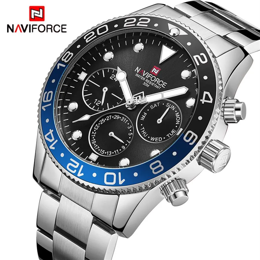 Mens Watches 최고 럭셔리 브랜드 Naviforce 패션 스포츠 방수 24 시간 데이트 클럭 남성 Full Steel Quartz Business Wristwatch253I