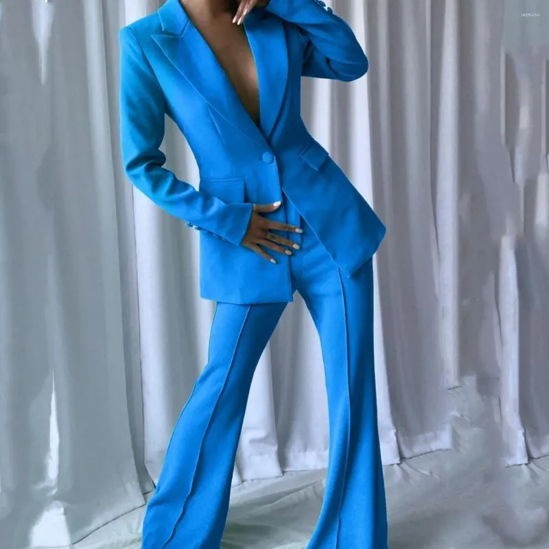 Women's Two Piece Pants Royal Blue 2-Piece Matching Set Suit For Women One Button Prom Dress Wear Flare Chic Modern Tuxedo Blazer Pant