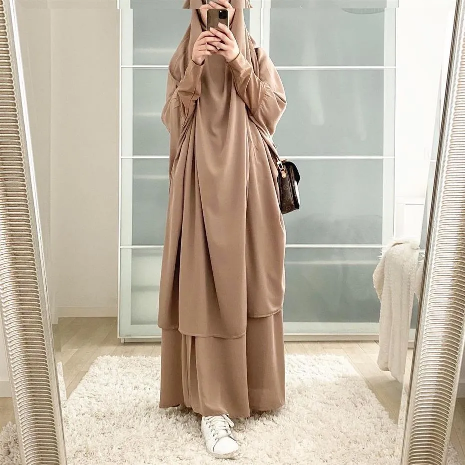 Ramadan Muslim Prayer Garment Set Women Hooded Hijab Dress Jilbab Abaya Skirt Sets Long Khimar Djellaba Eid Gown Islamic Niqab325Y