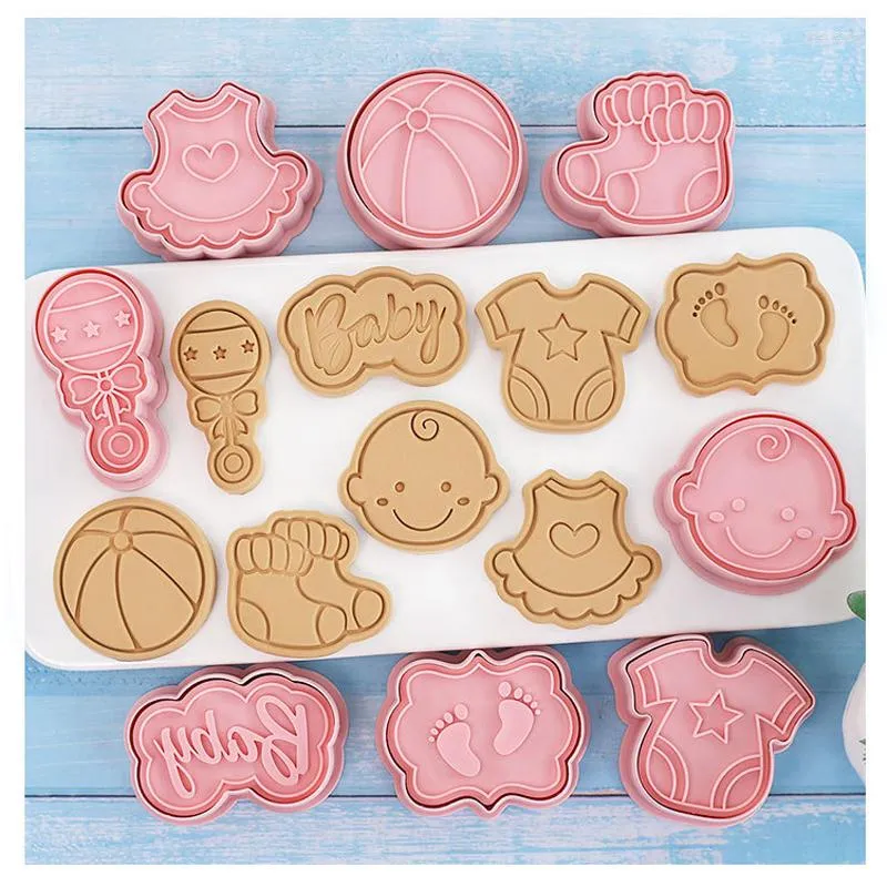 베이킹 몰드 1/8pcs 베이비 샤워 쿠키 커터 3D 곰 먹이 병 비스킷 엠보싱 절단기 귀여운 만화 스탬프 DIY 생일