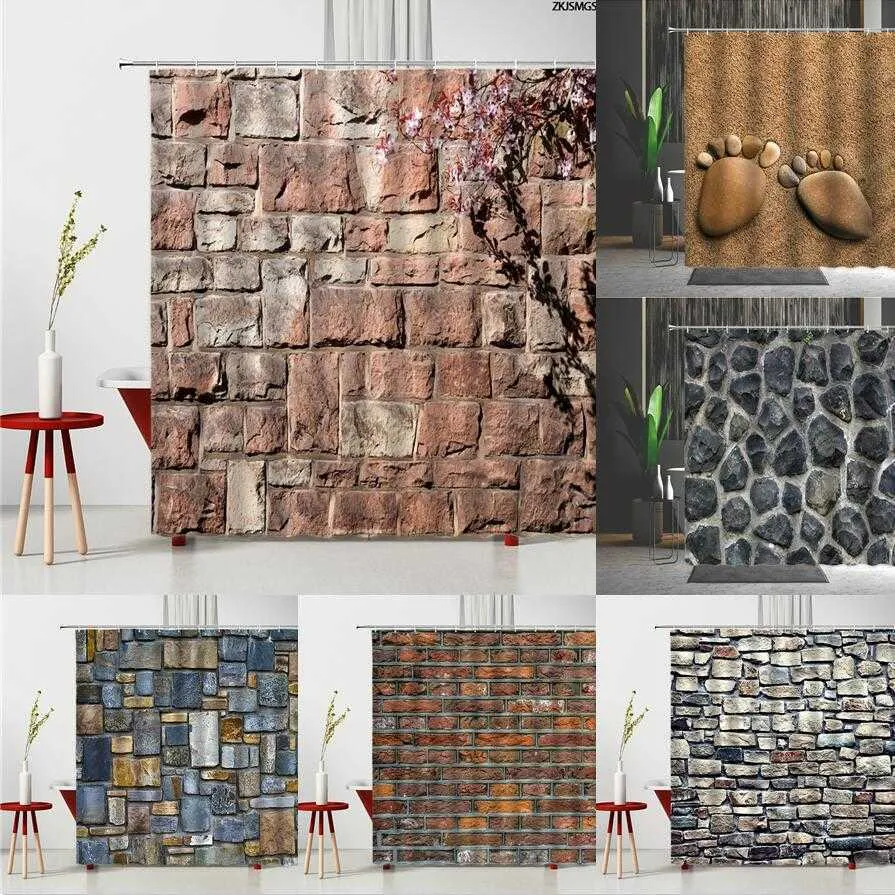 Shower 3D Printing Brick Pattern Shower Set Vintage Stone Brick Wall Polyester Fabric Hanging Curtain Bathroom Curtain