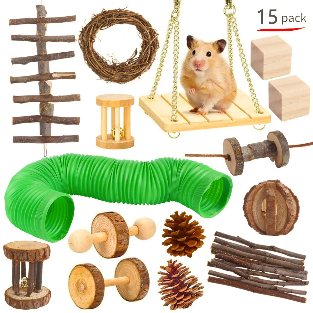 Petit Animal Fournitures Hamster Jouet Ensemble Lapin Cochon D'Inde Jouets À Mâcher En Bois Naturel pour Chinchilla Haltères Balançoire Balançoire Tunnel 230713