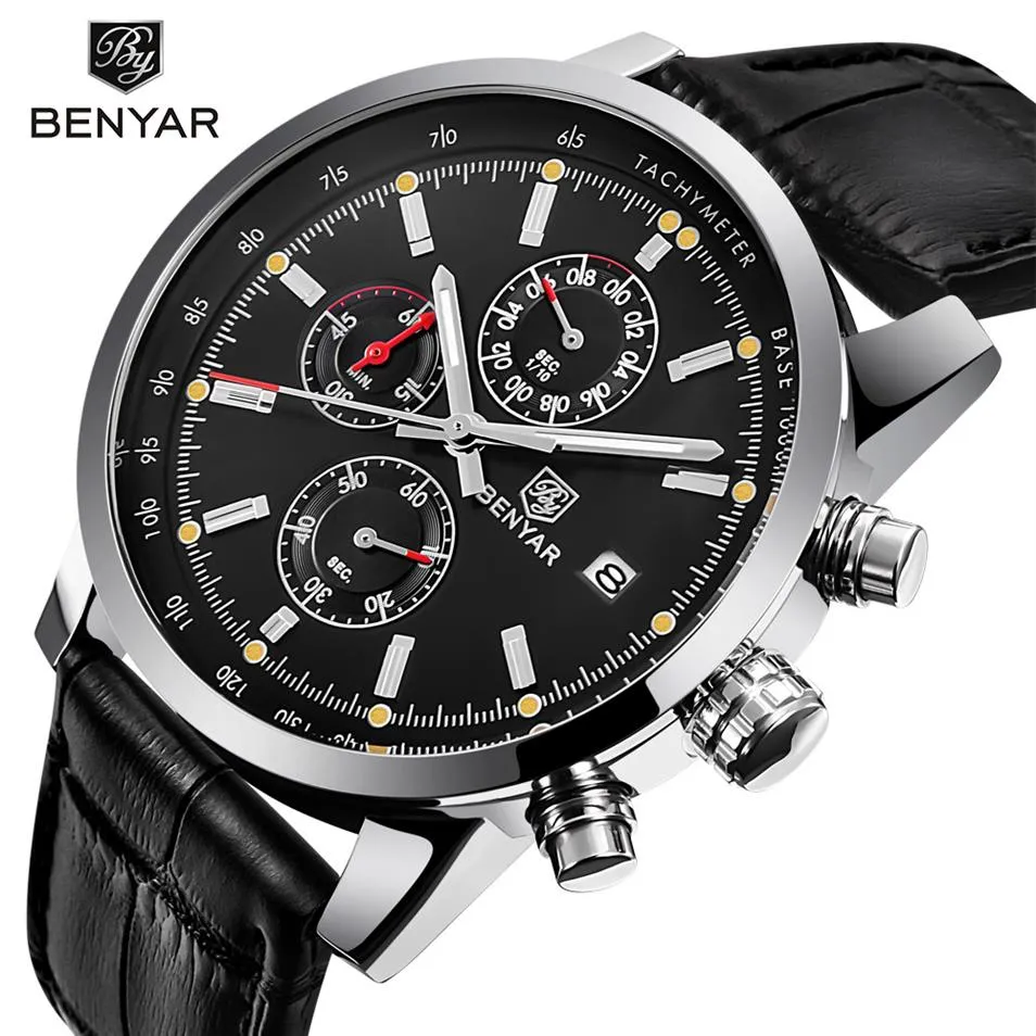 Benyar New Fashion Chronograph äkta lädersport Mens Watches Top Brand Luxury Military Quartz Watch Clock Relogio Masculino289s