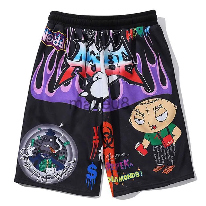 Męskie spodnie Short for Men Cartoon Graffiti Print Bermuda Beach Knel długość Knam Hip Hop Elastyczne talia High Street Summer Sweats J230714