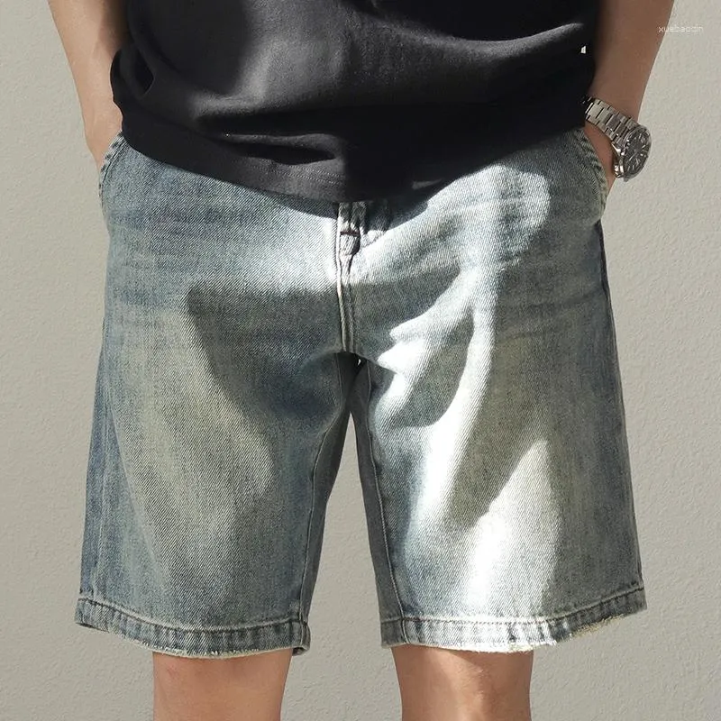 Mäns jeans 3632# Summer American Retro Heavyweight Denim Cargo Shorts mode tvättade gamla lösa raka avslappnade 5-punkts byxor