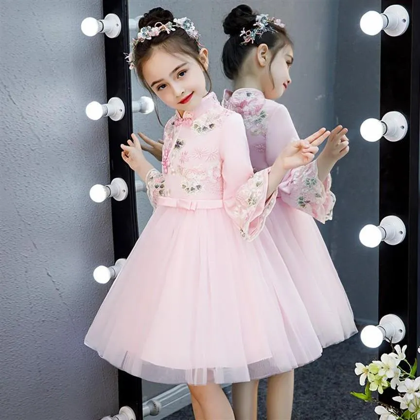 Ethnic Clothing Pink Girls Cheongsam Embroidery Flower Chinese Dress Mandarin Collar Birthday Party Kids Princess Formal249T