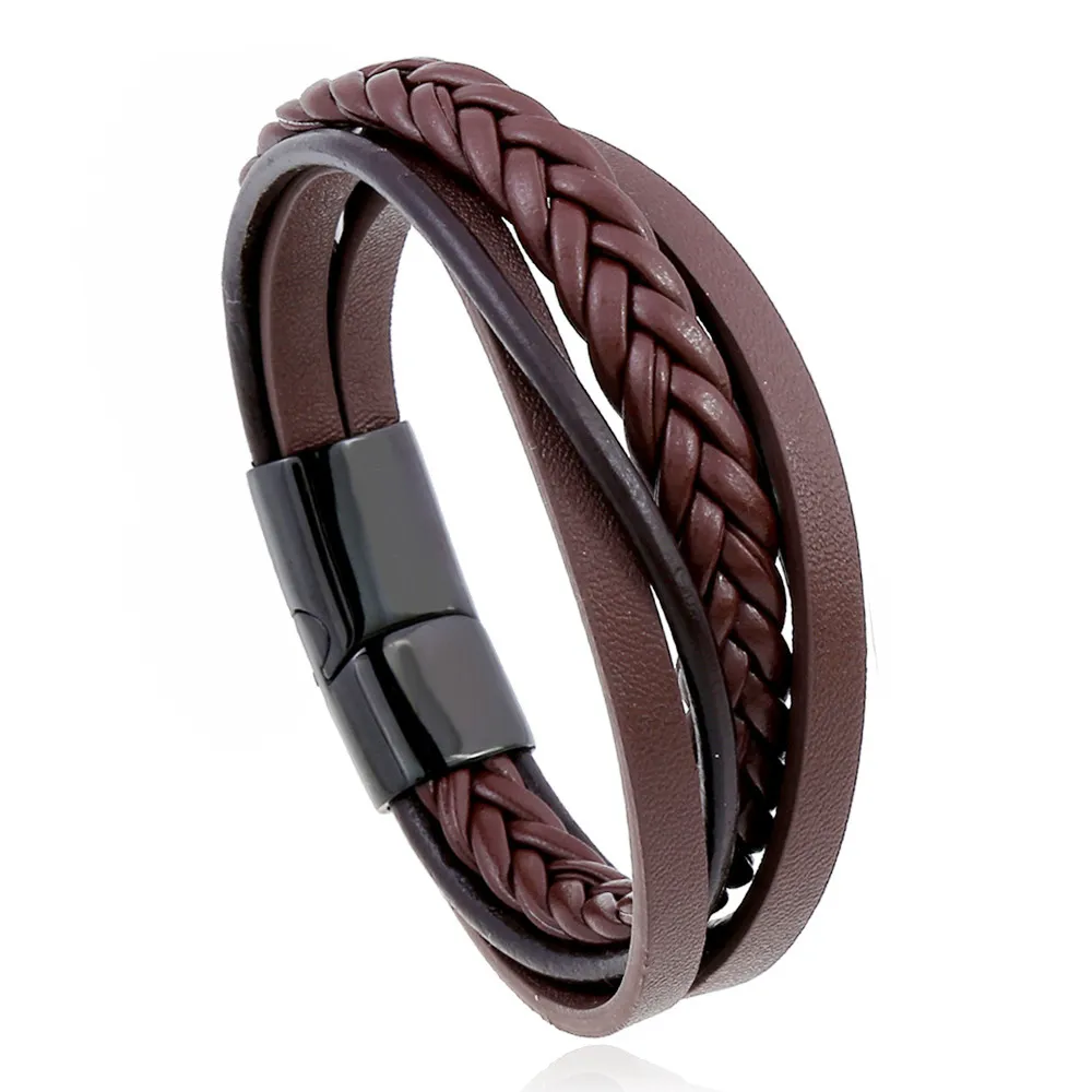 Bracelet en cuir élégant en acier inoxydable multicouche marron noir pour hommes femmes couple Stock