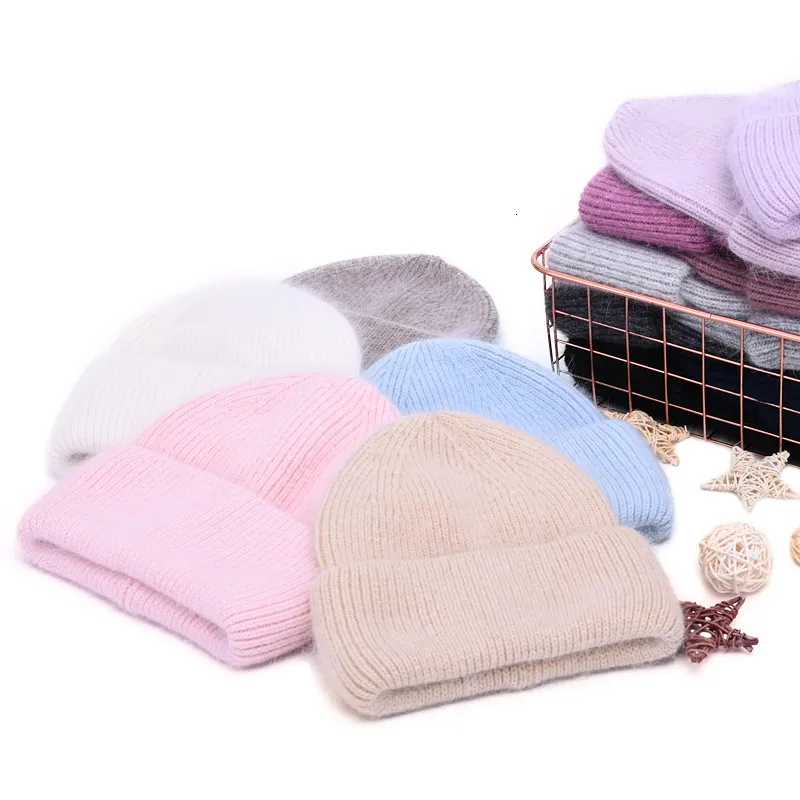 GorroSkull Caps Chapéu Feminino Casual Gorro de Pele de Coelho Real Senhoras Outono Inverno Caxemira Chapéus Três Dobras Grossos Malha Meninas Skullies Gorros Boné 230713