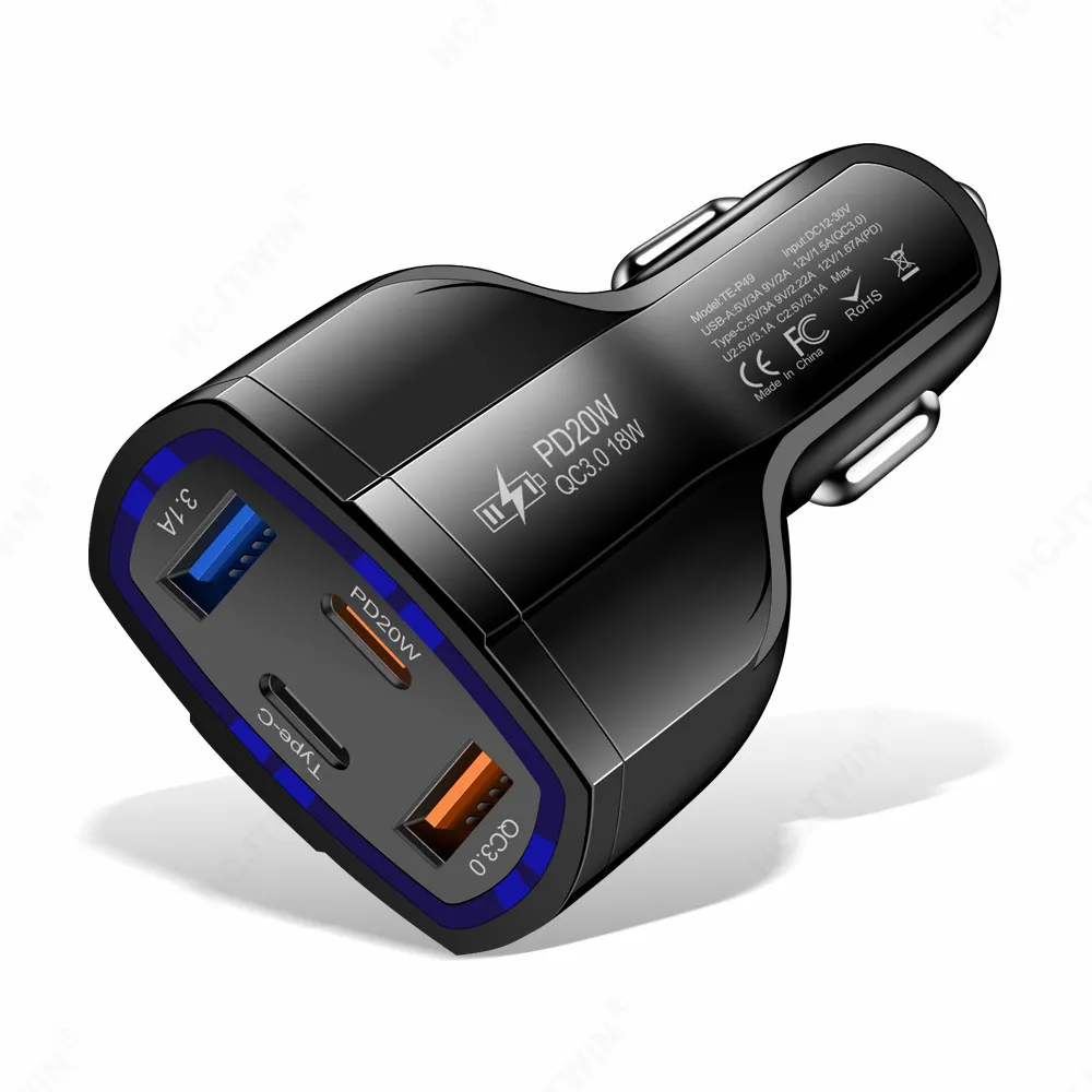 Schneller Autoladegerät-Adapter 53 W 4 Anschlüsse TE-P49 PD 20 W PD18W QC3.0 USB-C Typ-C Auto-Schnellladegeräte 3,1 A Schnellladung für iPhone 15 14 13 Samsung S23 Ultra Mobiltelefon