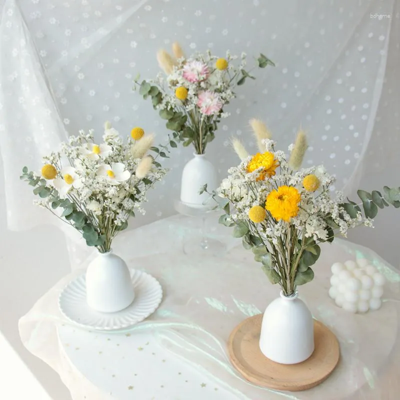 Dekoratif çiçekler kurutulmuş papatya düğün buketi ile vazo kristal çim kuyruğu ev oturma odası dekorasyon aksesuarları