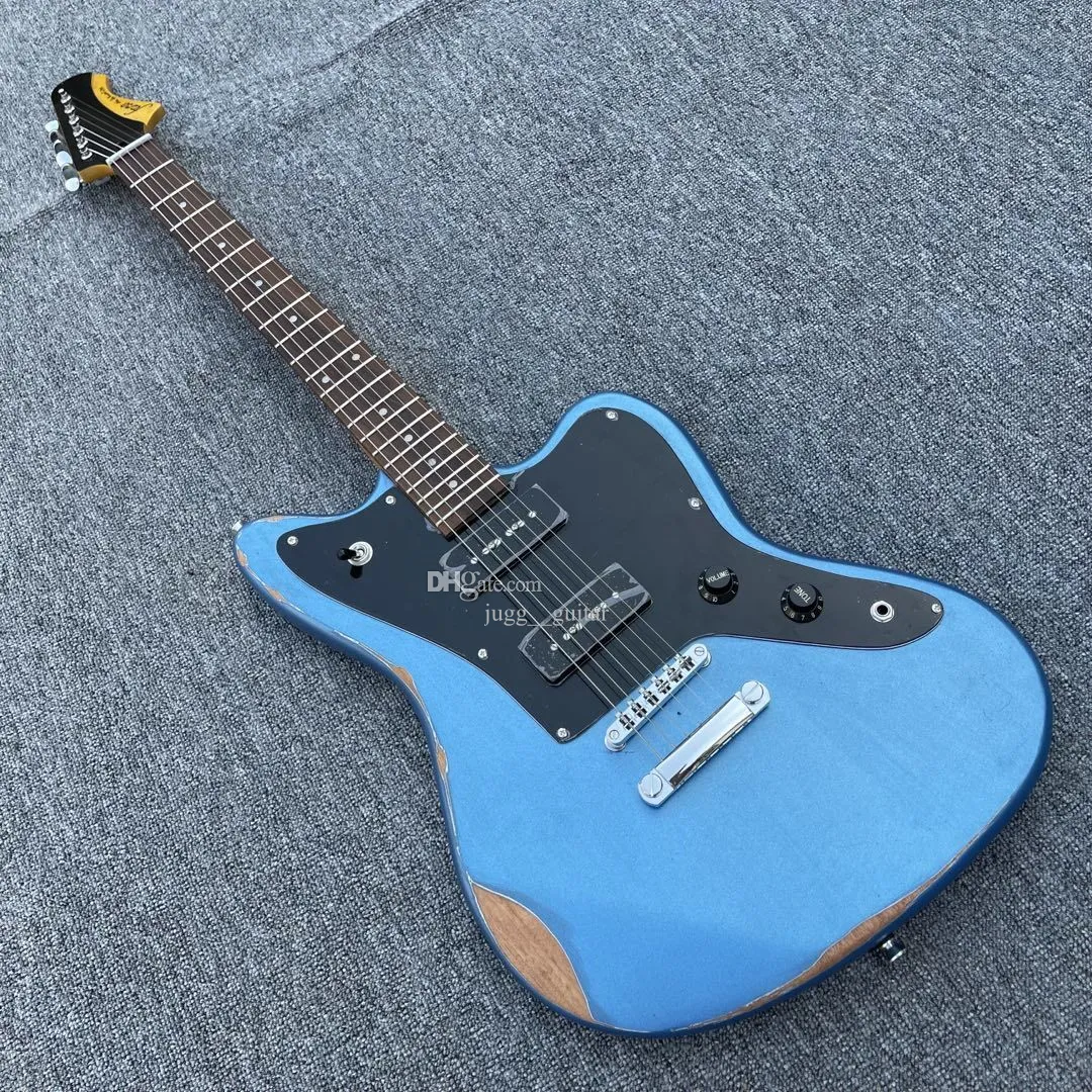 Rhxflame Custom Fano Alt de facto JM6 Metallic Blue Relic Electric Guitar Black P90 Pickups Black PickGuard