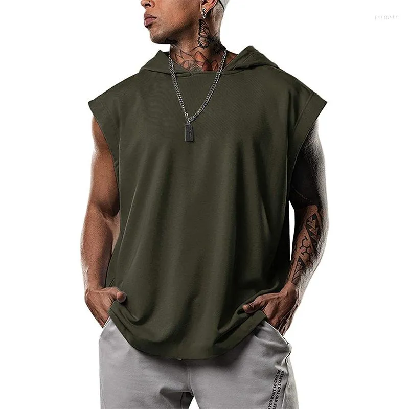Herrtröjor sommar ärmlösa män sportkläder cool hoody tops gym sport smal fitness hooded male t-shirts muskel tröja