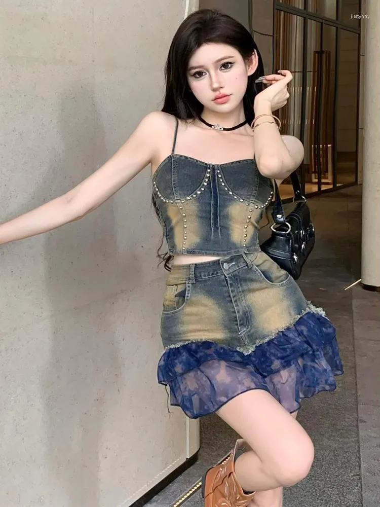 Work Dresses Sexy Rivet Denim Suits 2023 Summer For Women Strapless Elastic Vest Tops Ruffles Mini Skirt Elegant Two Pieces Sets