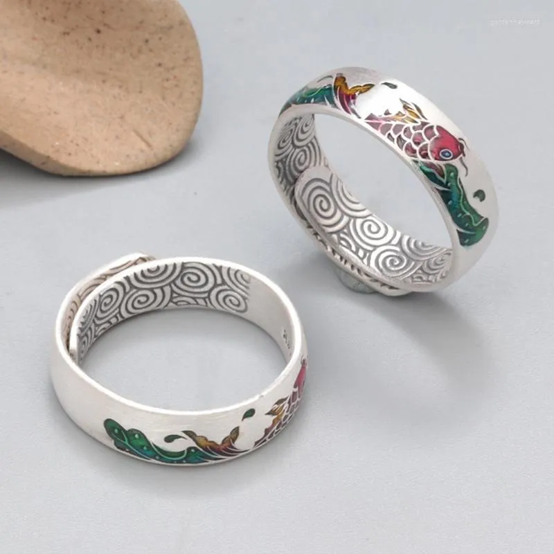 Bagues en grappe Bague en argent sterling Femme 999 Drop Glue Craft Koi Fish Small Retro Open Jewelry