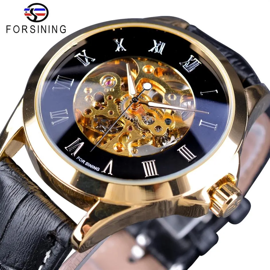 Forsining Römische Zahl Display Goldene Bewegung Durchbrochene Retro Klassische Männer Uhr Top Marke Luxus Automatische Skeleton Armbanduhr294C