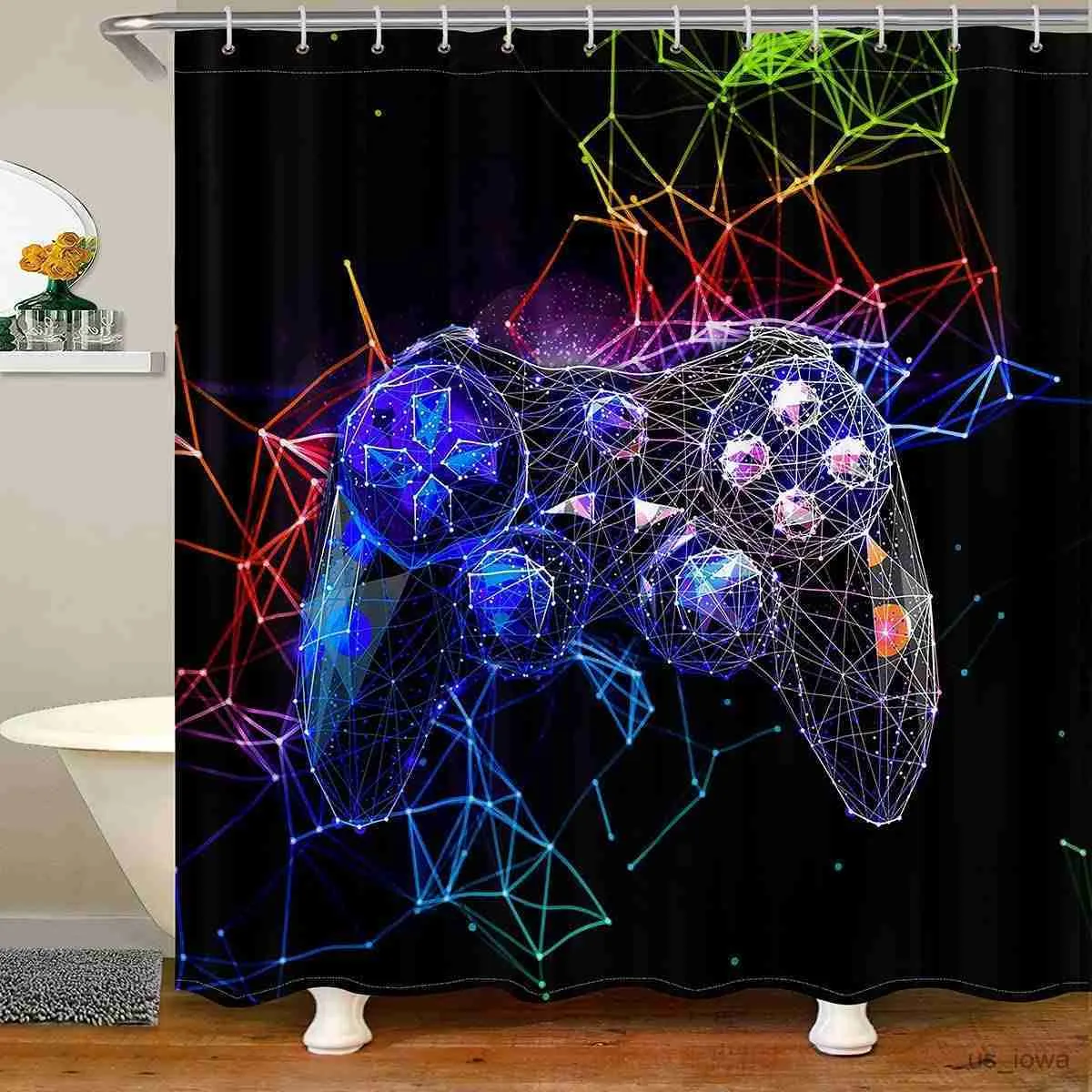 Cortinas de chuveiro modernas gamer cortina de chuveiro controlador de videogame cortina de banho decoração de quarto brilhante geometria colorida cortinas de banheiro à prova d'água