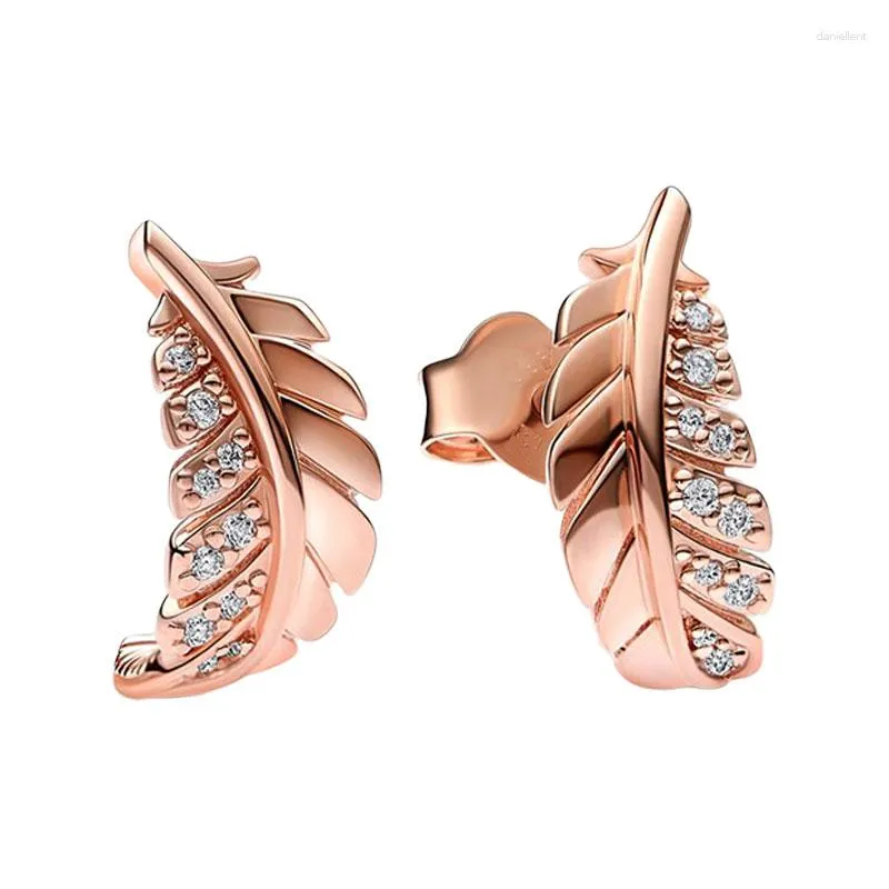 Stud Earrings Spring Floating Curved Feather Ear Piercing For Women 14K Rose Gold Jewelry Prong Setter Round Clear Zircon Stones