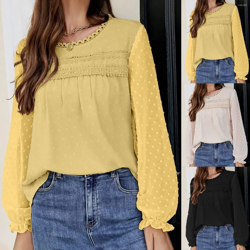 Damesblouses chiffon patchwork kanten blouse ronde hals bloemblaadje lange mouwen T-shirt effen kleur losse doorschijnende tops dameskleding