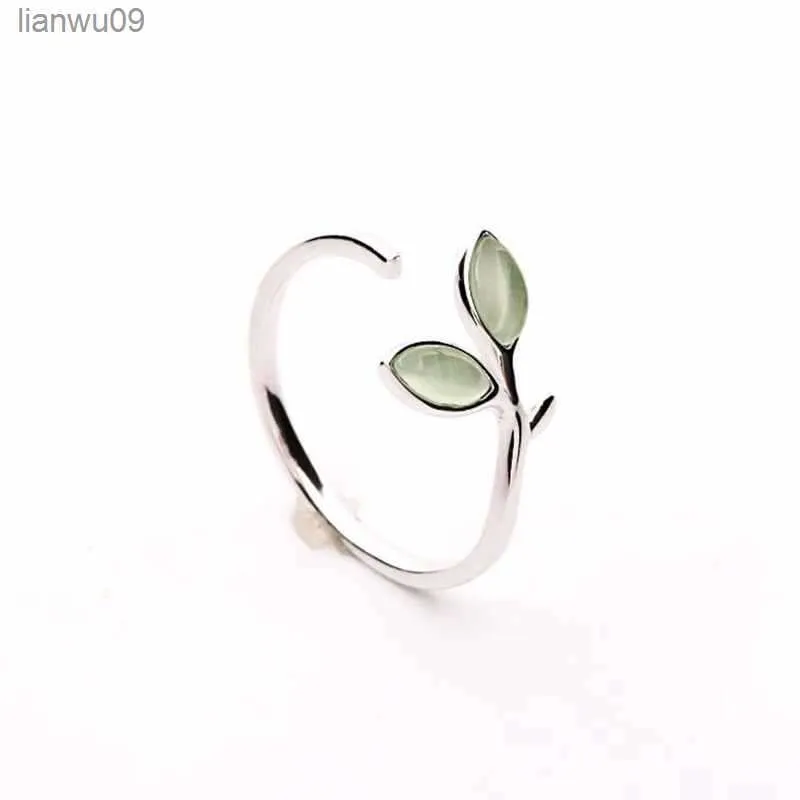 Hot Sale Korean Green Opal Leaf Leaves 925 Sterling Silver Open Rings for Women Girls Ladys Fashion Jewelry Gift YRI135 L230704