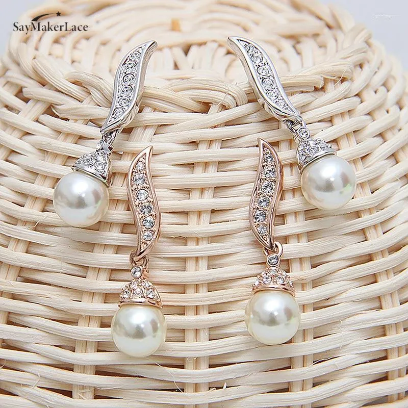 Necklace Earrings Set 1set Women Fashion Elegant Big Pearl Bridal Silver Color Crystal Alloy Teardrop & Sets Gifts