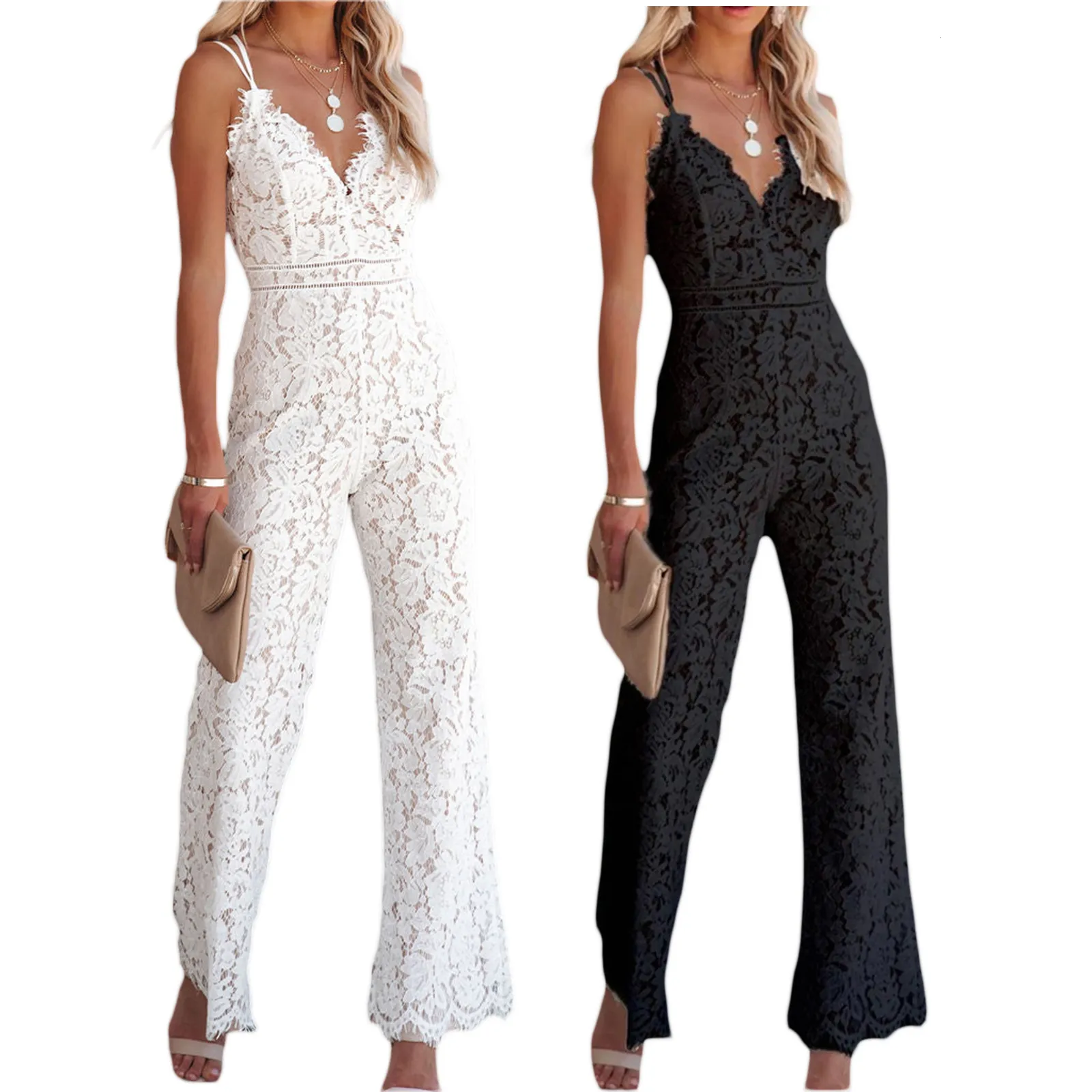 Women's Jumpsuits Romper Elegant Jumpsuit Spaghetti Straps V Neck Solid Color Lace Open Back OnePiece Wide leg Long Playsuit 230714