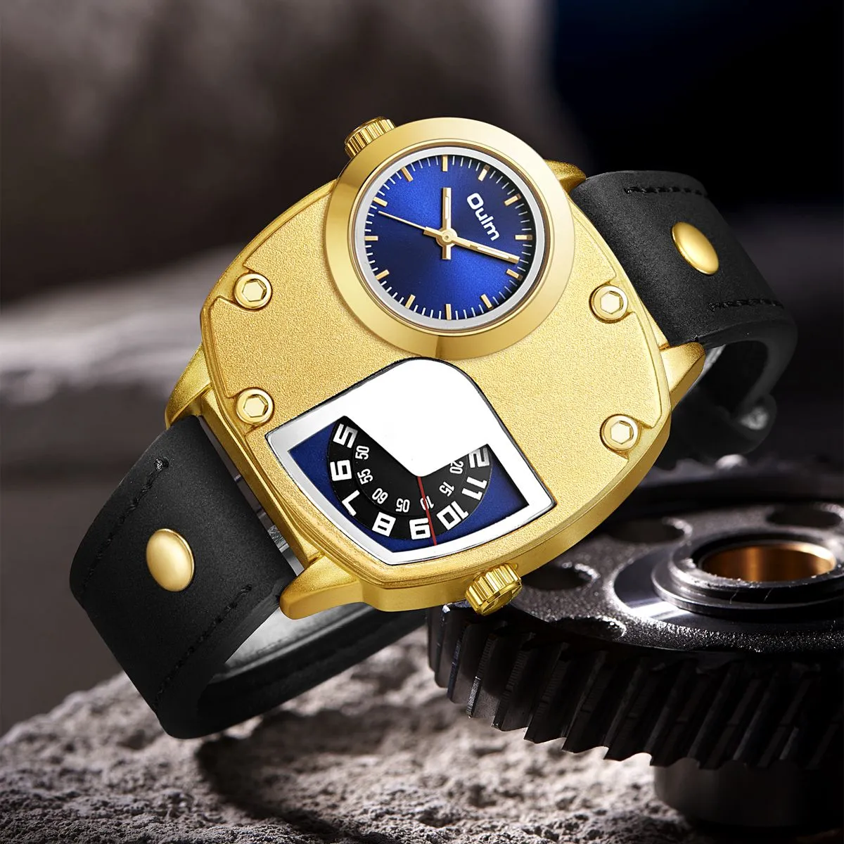 Oulm 5195 hommes montres militaires Unique deux fuseaux horaires bracelet en cuir montre-bracelet de luxe mâle montre à Quartz Relogio Masculino