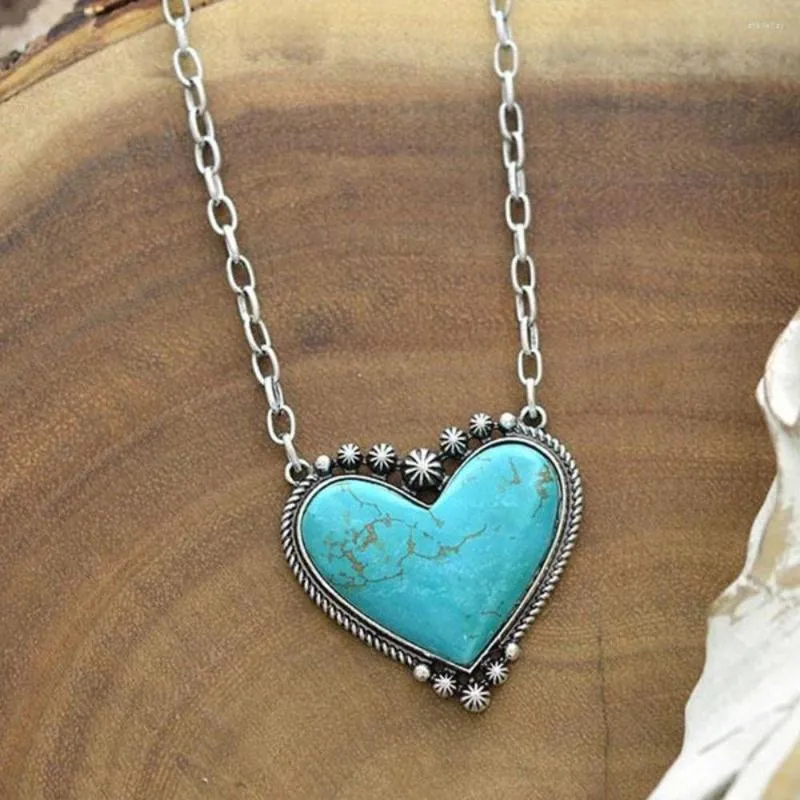 Necklace Earrings Set Faux Turquoise Healing Gemstone Quartz Heart Shape Pendant Ring Vintage Ethnic Style