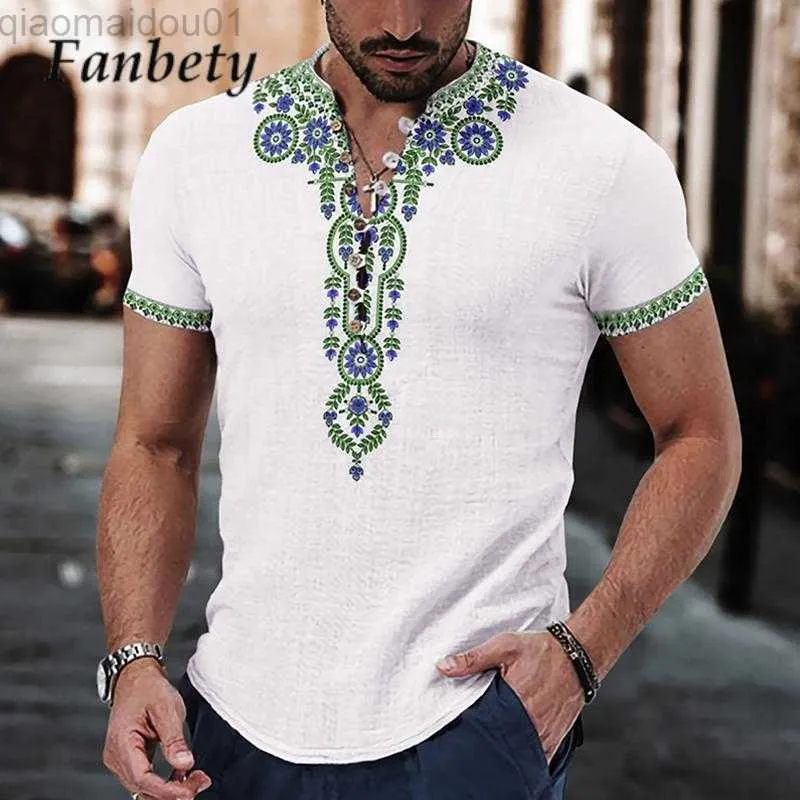 Camisetas masculinas 2023 novas camisetas masculinas vintage gola henley estilo étnico impressão totem tops de manga curta verão casual masculino botão fino pulôver L230713