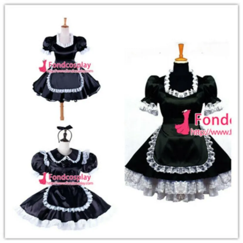 Sissy Maid Black Satin Uniform Låsbar klänning Cosplay Costume For Animation Exhibition Beach Holiday Sexy Prom Night Dresses2668