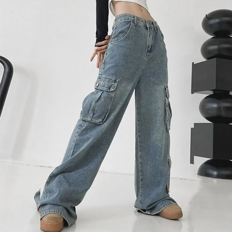 Femmes Baggy Jeans Taille Basse Grandes Poches Lâche Hip Hop Grunge Jeans Pantalon