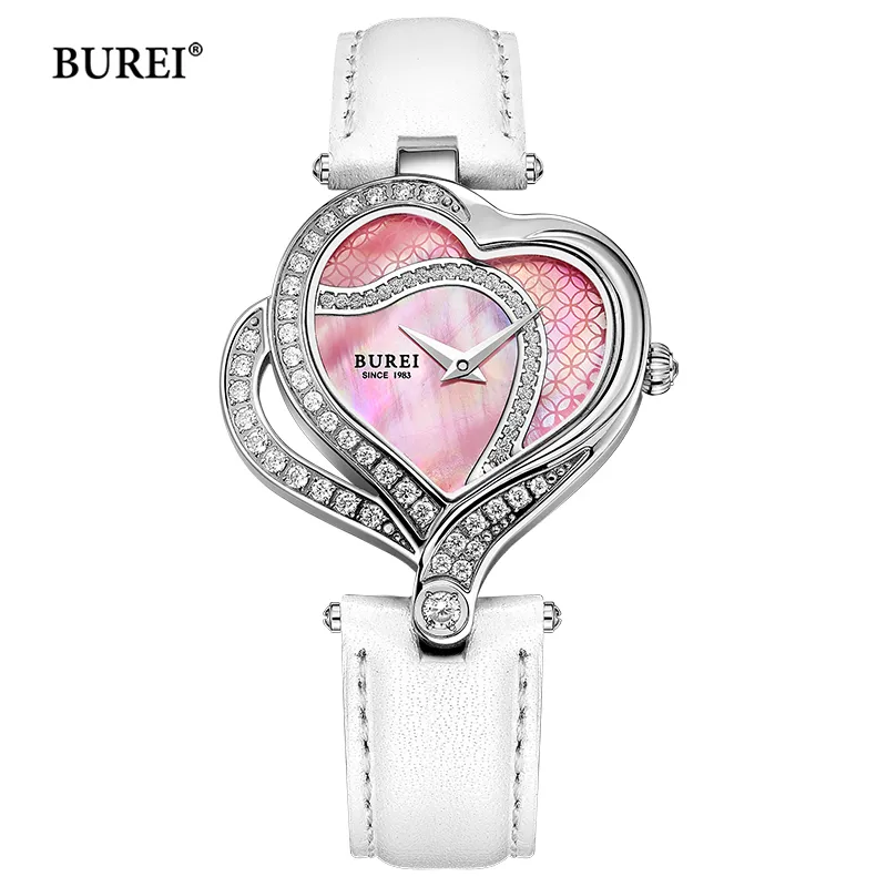 Relógios femininos BUREI marca moda feminina relógio de coração feminino à prova d'água luxo casual pulseira de couro relógio de pulso de quartzo Reno Femino 230714