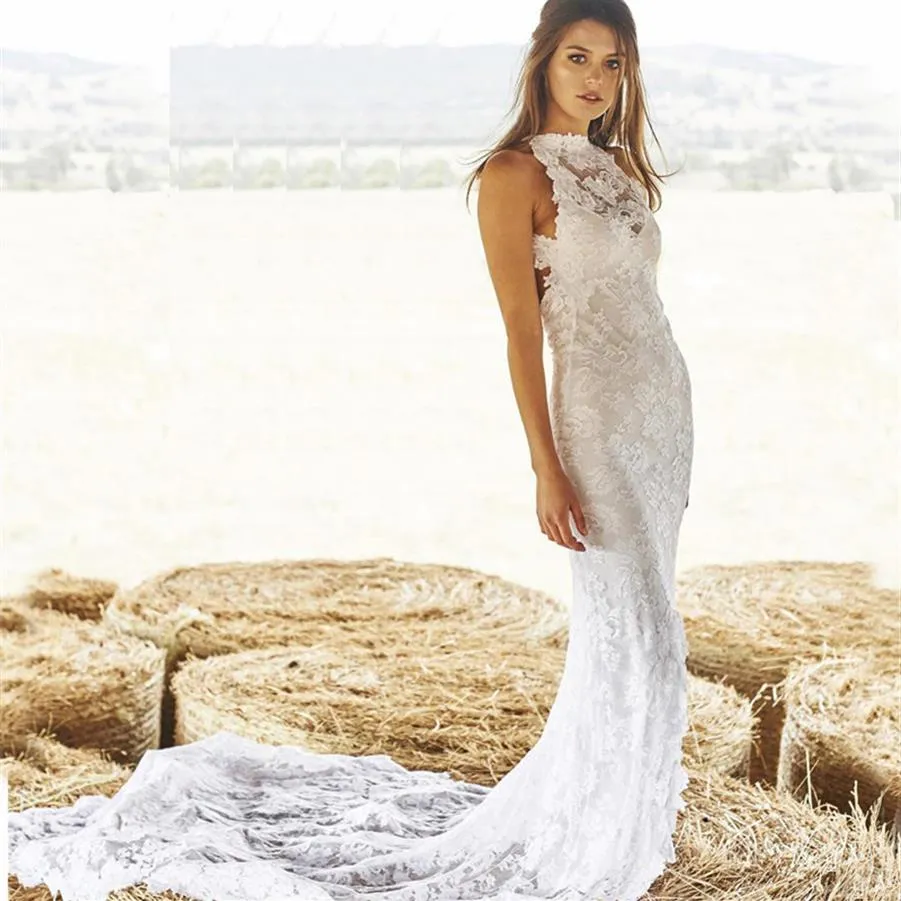 Front Split High Low Style Backless Boho Beach Lace Backless Hollow Vintage Chapel Train Wedding Dress Bridal Gowns Short Front Lo243s