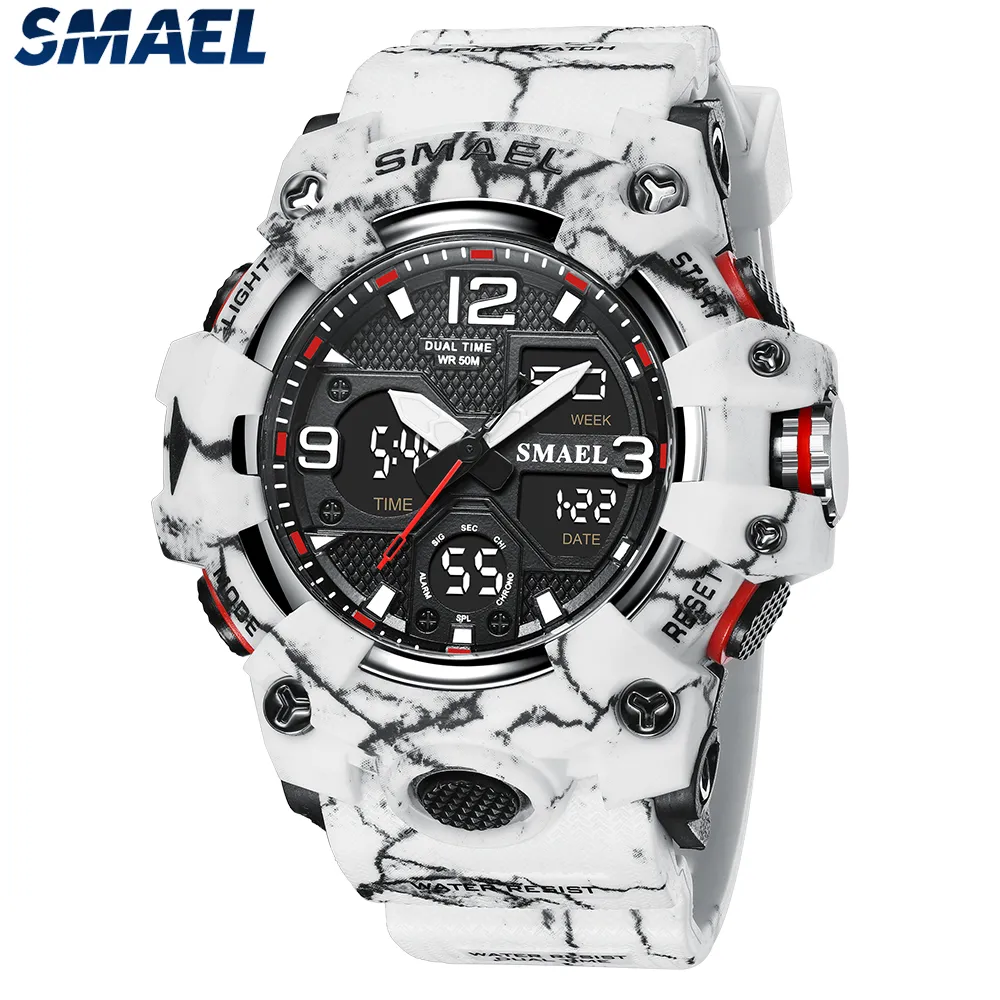 Smael Watch Sport Military Watches防水50mストップウォッチLEDライトウィークディスプレイリストウォッチ8008クォーツウォッチメンデジタル