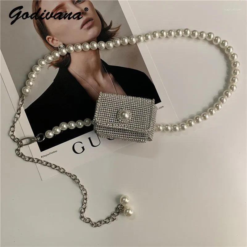 Cintos Estilo Clássico Bolsa Pérola Acessórios Cinto Corrente Destacável Feminino Strass Pequena Saia Decorativa Cintura Cintura