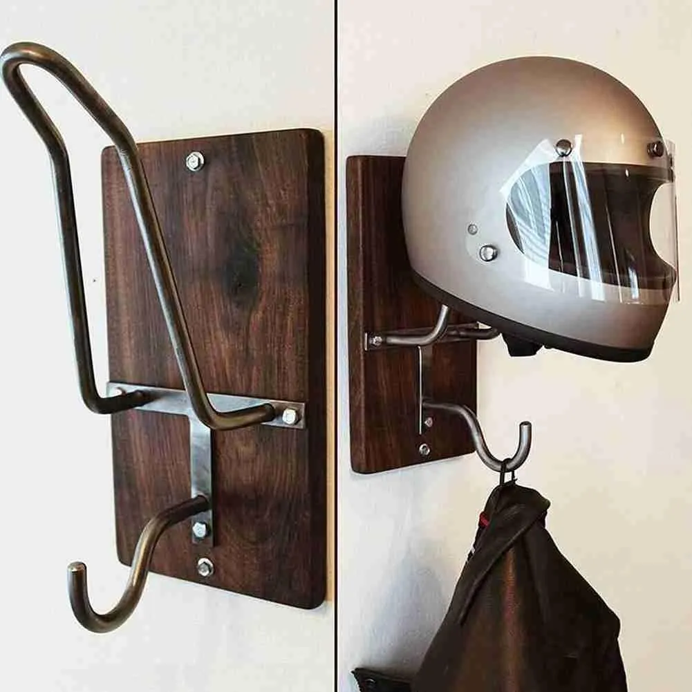 Hooks Rails Creative Wood Steel Motorcycle Helmet Holder Hook Jacket Hanger Wall Mount Rack for Coats Hats Caps 230714