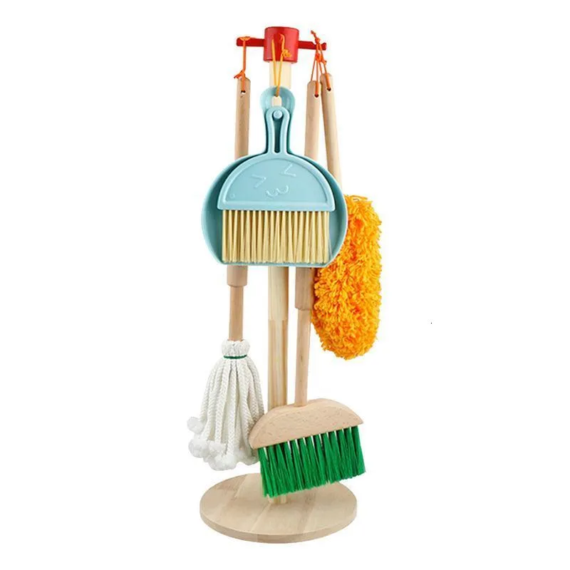 Tools Workshop Wood Cleaning Toys Set 6sts Pedagogiska hållbara avtagbara hushållningsleksaker för barn inkluderar Broom Dustpan Duster Mop 230714