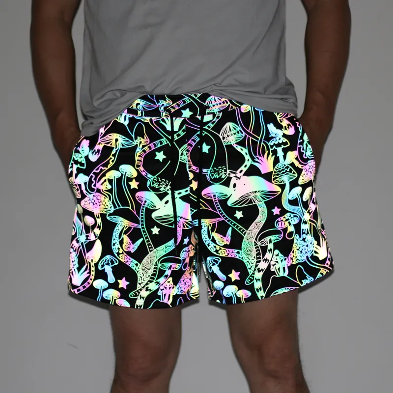 Mäns shorts ankomst reflekterande shorts män natt jogging reflekterar ljus färgglada svamp ins andningsbara sommarkläder Bermuda Masculina 230713