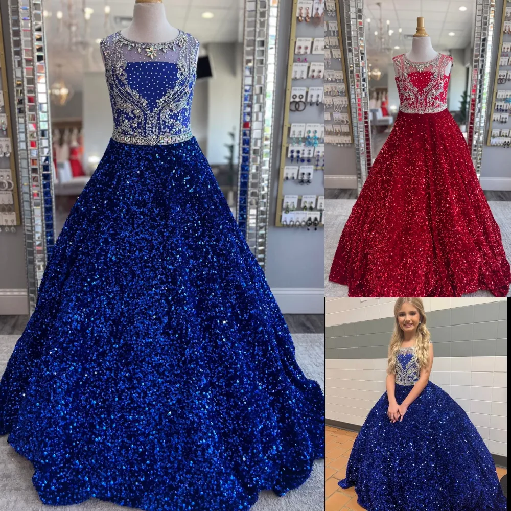 Iridescent Girl Pageant Dress 2024 Velvet Sequin Beading Jewel Little Kid Birthday Formal Party Gown Ballgown Toddler Teens Preteen Floor-Length Rouge Royal-Bleu