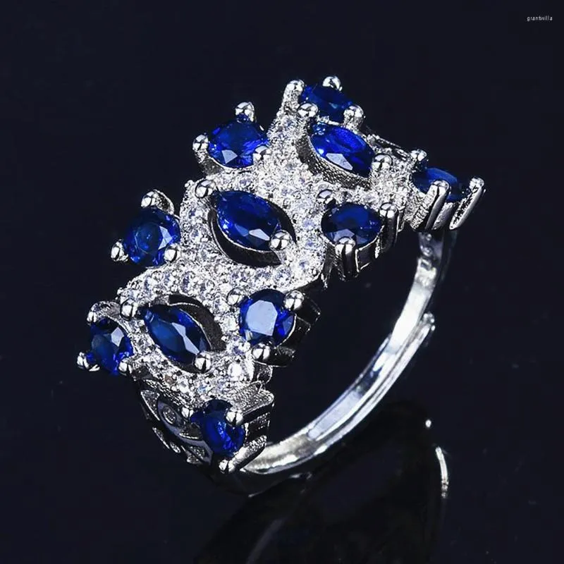 Cluster Rings Blue Crystal Sapphire Gemstones For Women White Gold Color Jewelry Bijioux Bague Fashion Design Chic Party Accessories